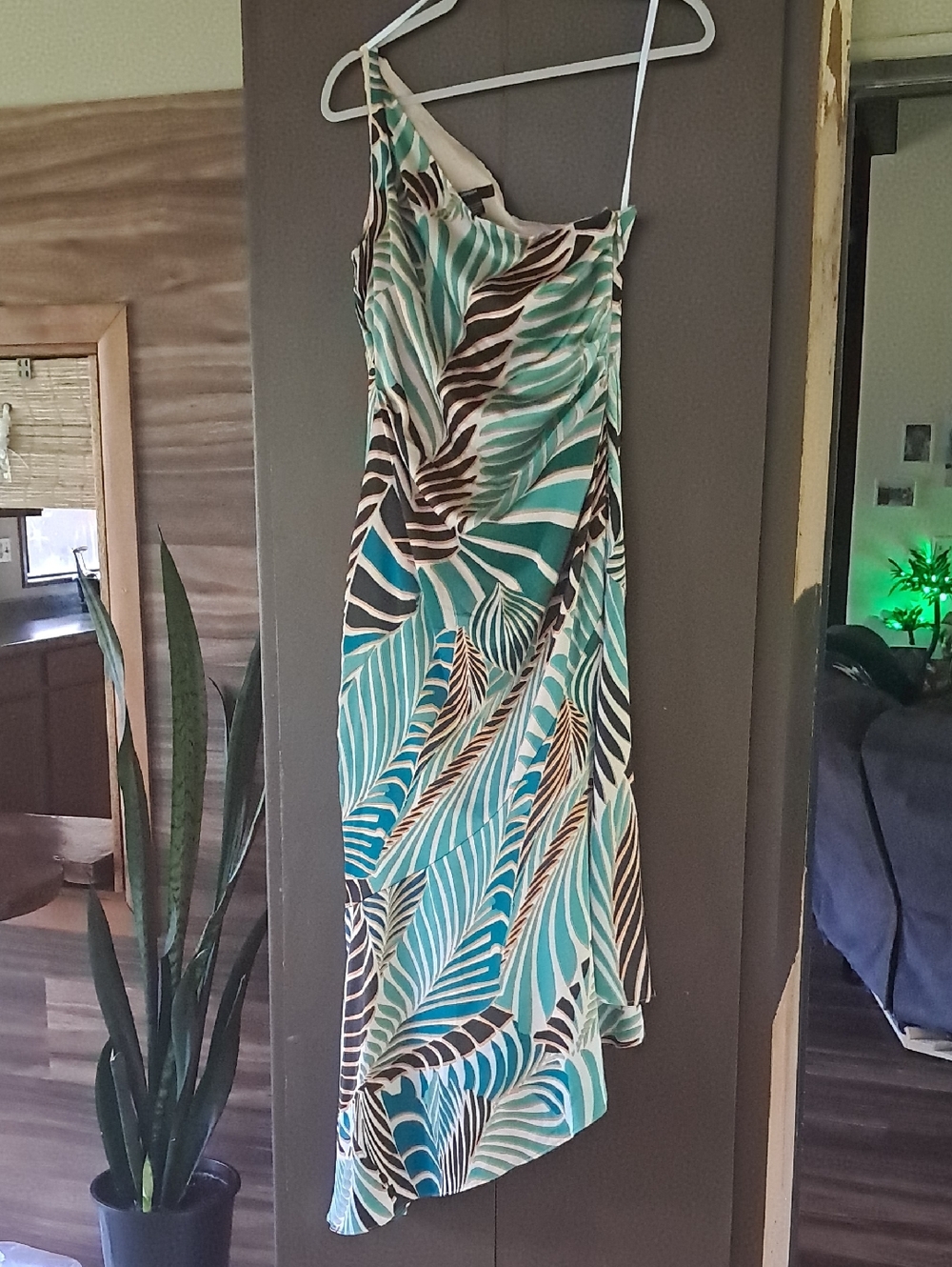 Maggy London One-Shoulder Tropical Leaf Print Slip Dress in Teal and Brown